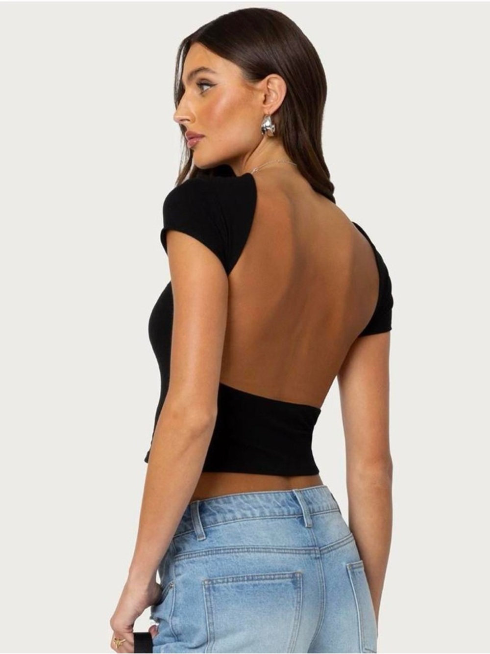 Edikted Black Short Sleeve Open-Back Crop Top
